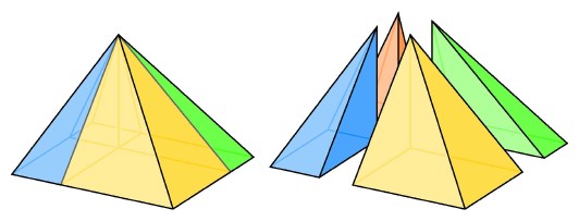 A square-based pyramid is decomposed into four rectangle-based pyramids having their top points over one corner.