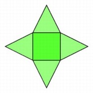 The fold-out polyhedral pattern for a symmetrical cube-based hyperpyramid.