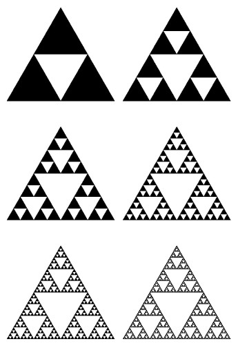 Six steps in the creation of the Sierpinski gasket.
