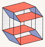 Two groups of four parallel square faces in a hypercube.