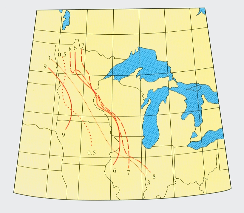 Isochrone curves on a map of the upper Midwest