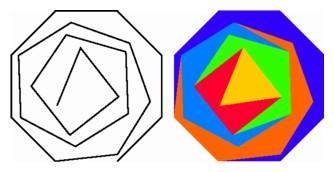 A computer graphics re-creation of the first 2 of 16 versions of a polygonal progression