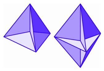 Two projections of the four-simplex into three-space