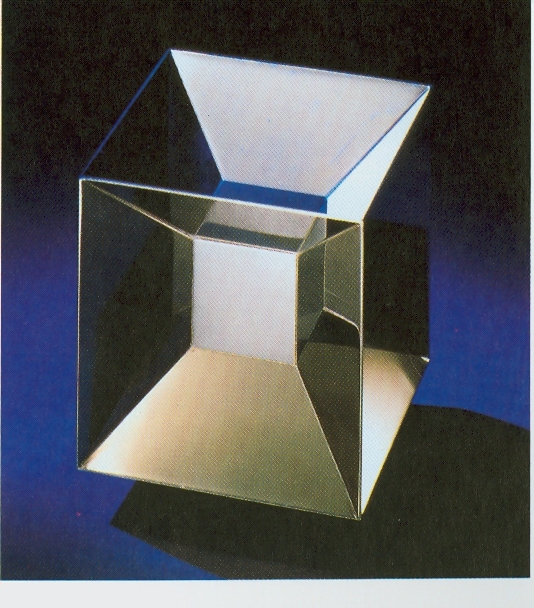 A stainless steel sculpture of a central projection of the hypercube hy Attilio Pierelli.