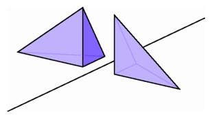 Mirror-image off-center pyramids are congruent but not superposable.